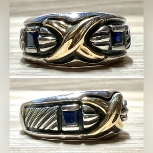 Designer Signed AZ Sterling Silver & 18k Yellow Gold Sapphire Ring, Size 6.5